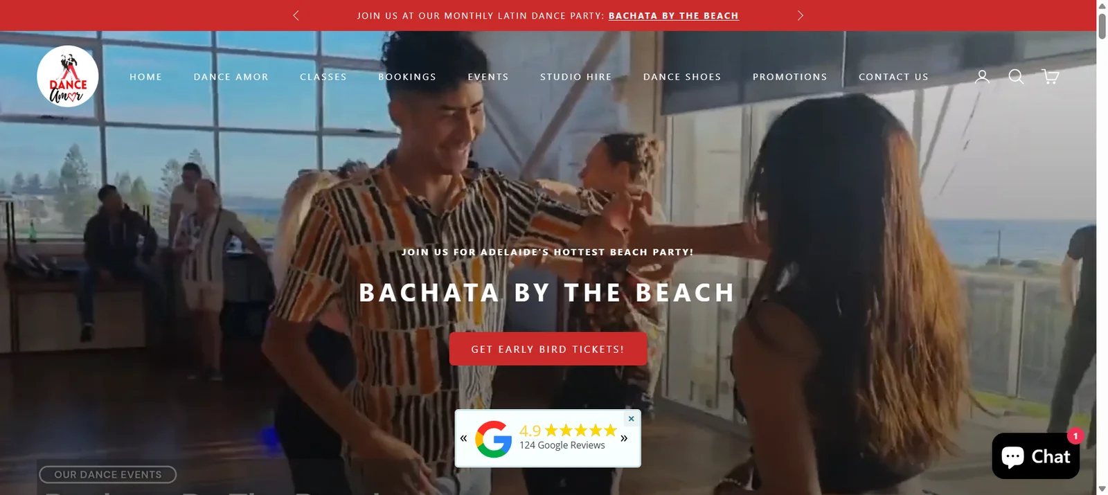 DanceAmor.com.au homepage hero — Bachata by the Beach Latin dance event in Adelaide