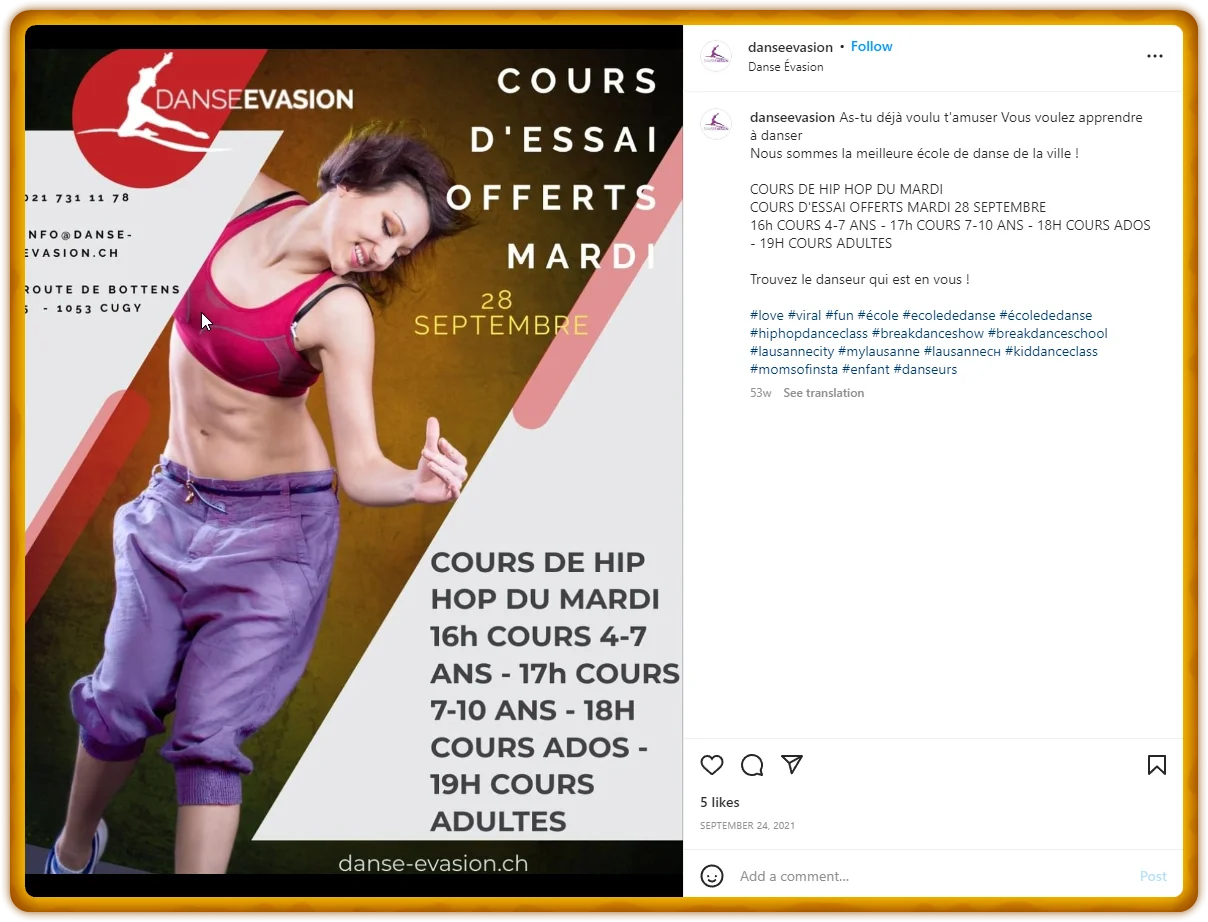 Danse Évasion Instagram post — free trial hip-hop classes Tuesday September 28
