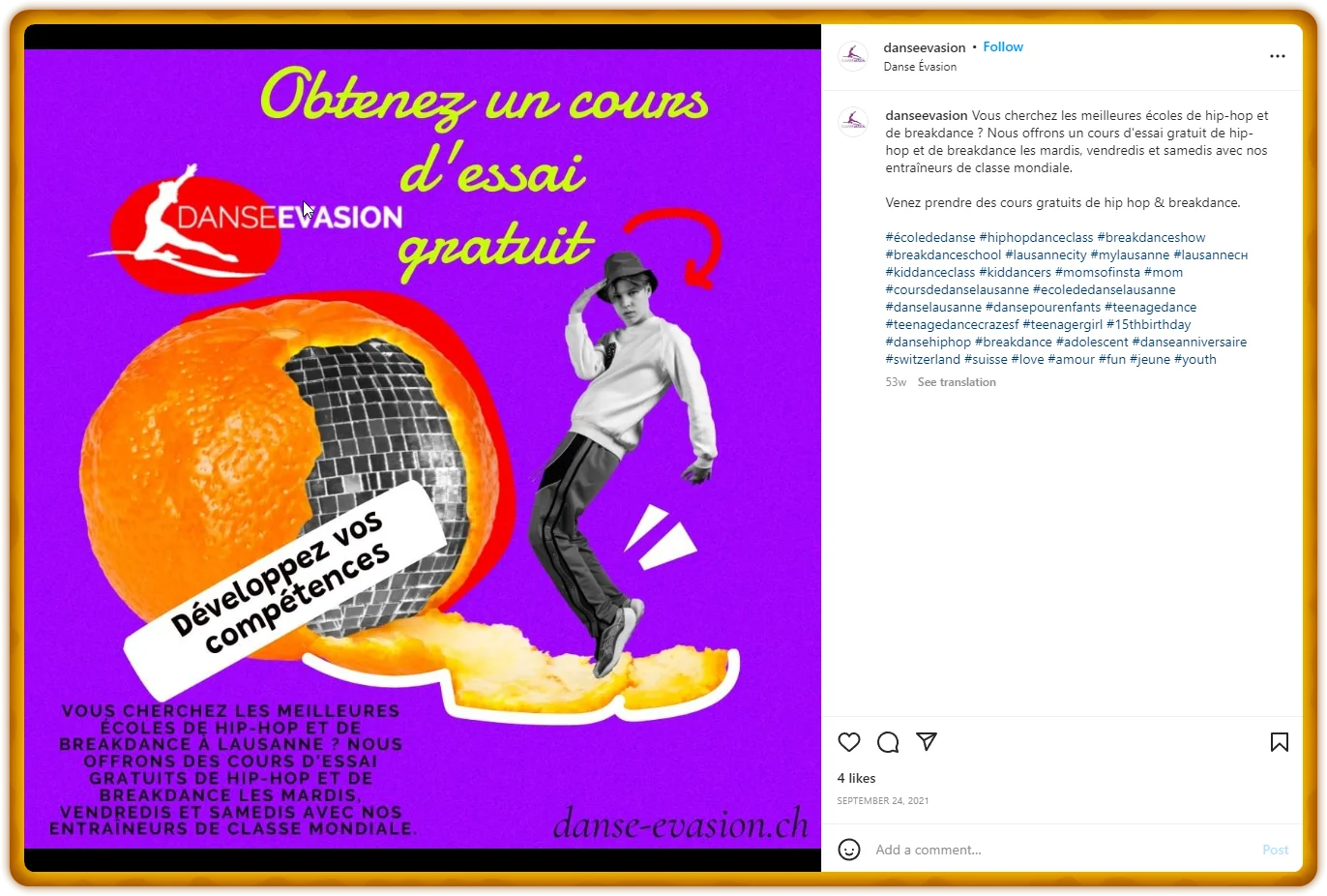 Danse Évasion Instagram campaign — free trial classes, hip-hop and breakdance, Lausanne