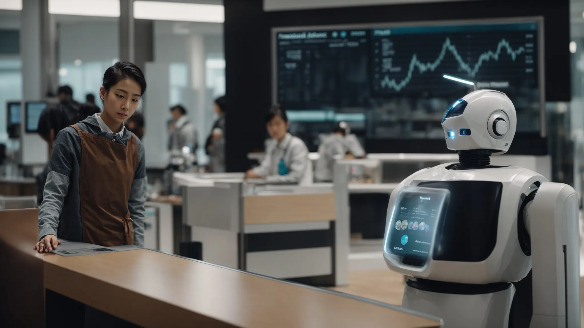 a humanoid robot interacts with a touch screen displaying customer service analytics.