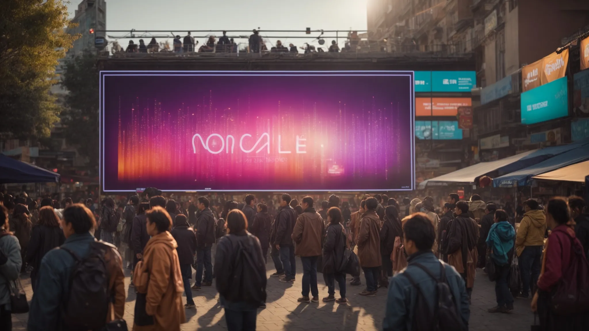 a vibrant marketplace scene where people are gathered around a central, glowing billboard showcasing an array of social media icons.