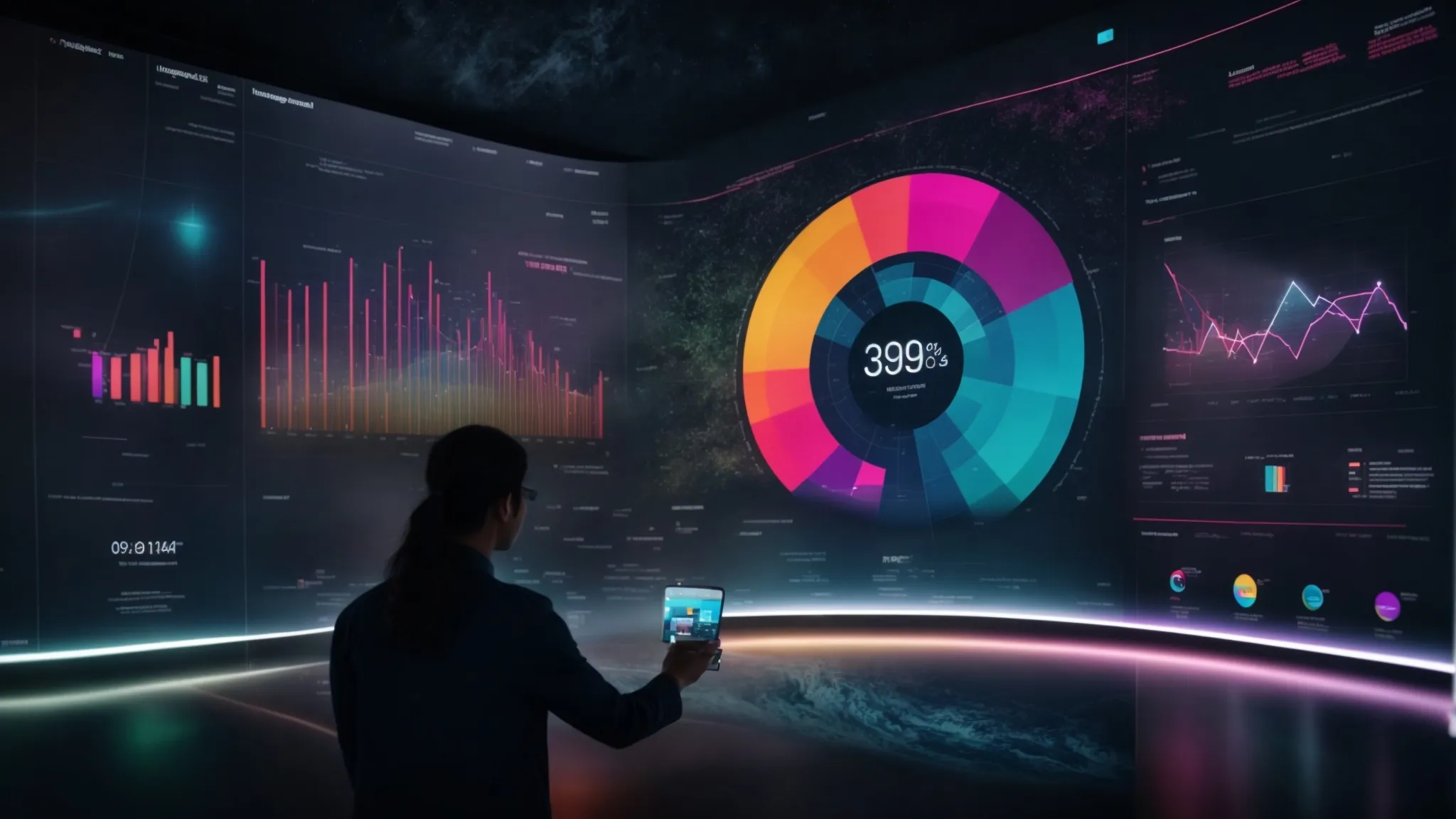 a person touches an interactive screen displaying vibrant infographics and charts, symbolizing the merging of technology and user engagement.