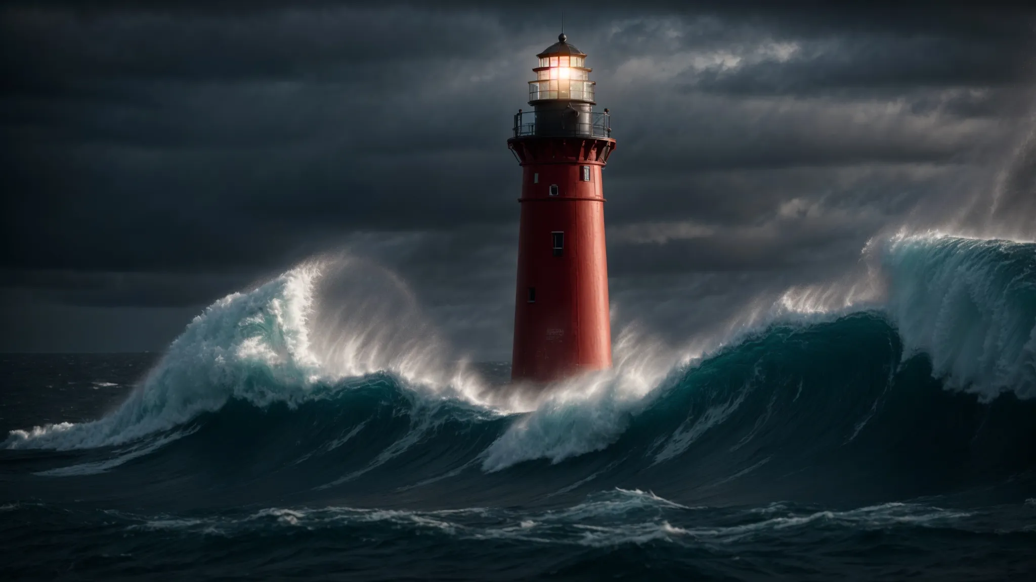 a lighthouse stands tall, casting its beacon over tumultuous seas under a starry sky, guiding ships safely to shore.