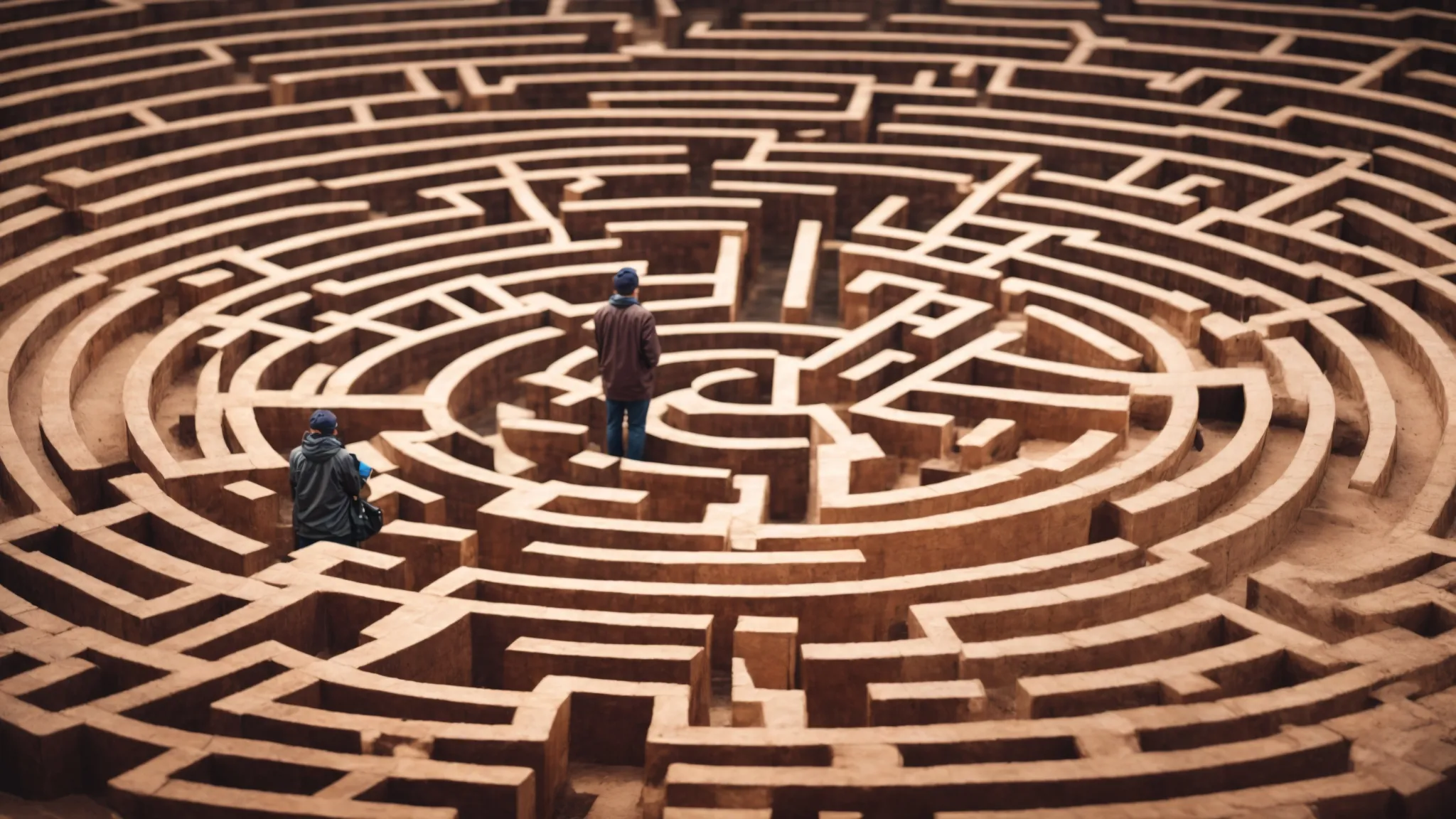 a person stands before a giant, complex maze, representative of a search engine's algorithm, with a confident pose ready to crack the seo code.