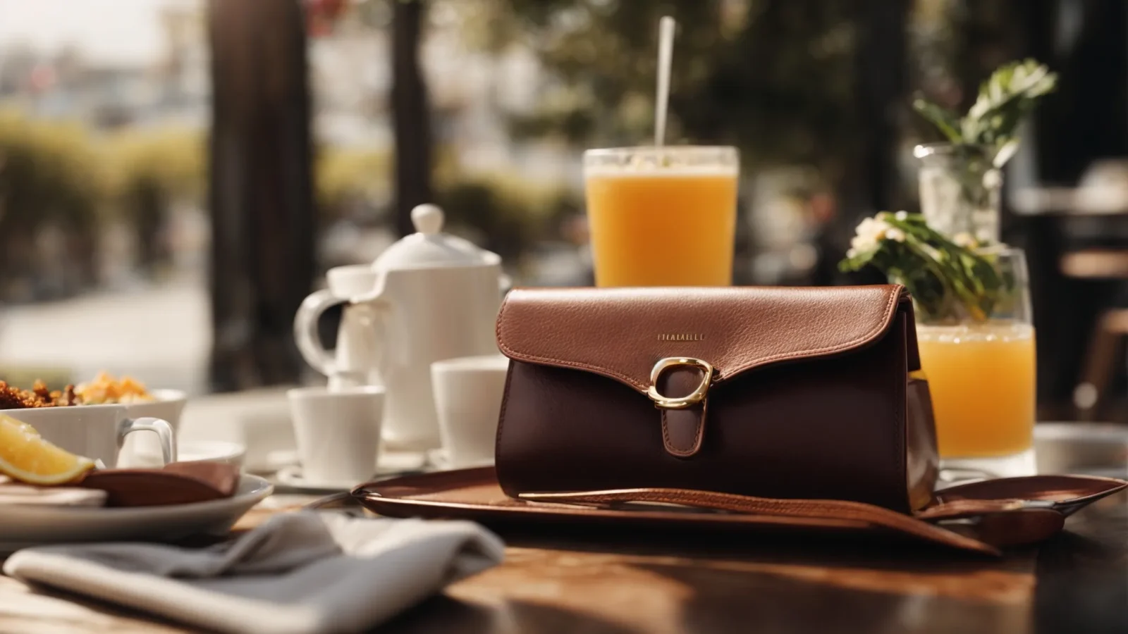 a pair of stylish sunglasses and a designer handbag sit on a chic café table, surrounded by an inviting brunch spread.