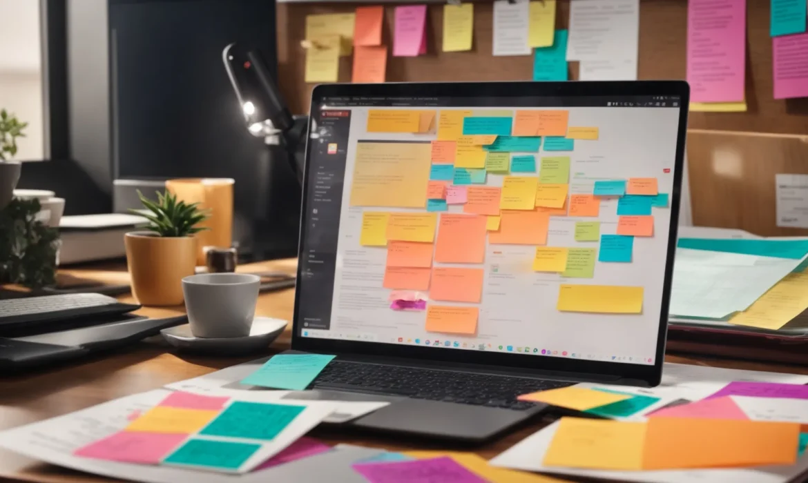 a laptop open on a desk displaying vibrant infographics while surrounded by marketing strategy notes and colorful post-its.