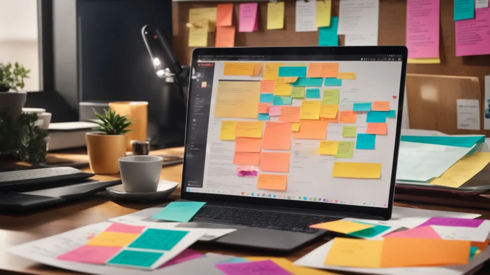 a laptop open on a desk displaying vibrant infographics while surrounded by marketing strategy notes and colorful post-its.