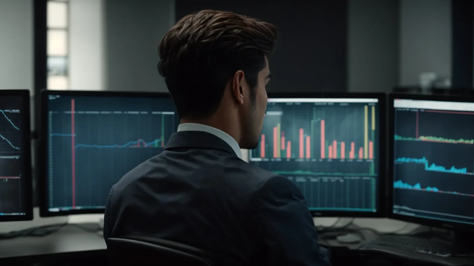 a young professional intently analyzing a large graph on a computer screen in a modern office.