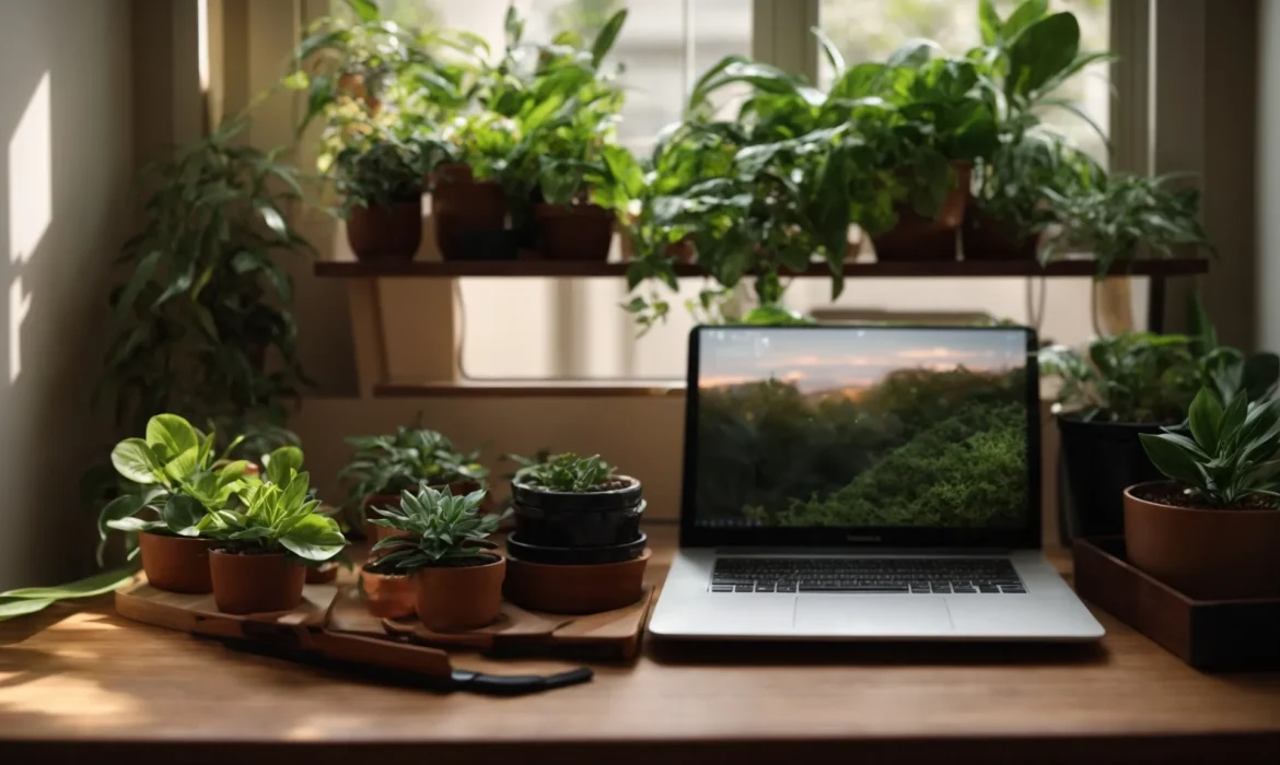 a laptop on an eco-friendly, wooden desk surrounded by potted plants under soft, natural light.