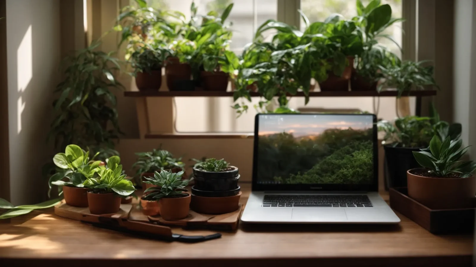 a laptop on an eco-friendly, wooden desk surrounded by potted plants under soft, natural light.
