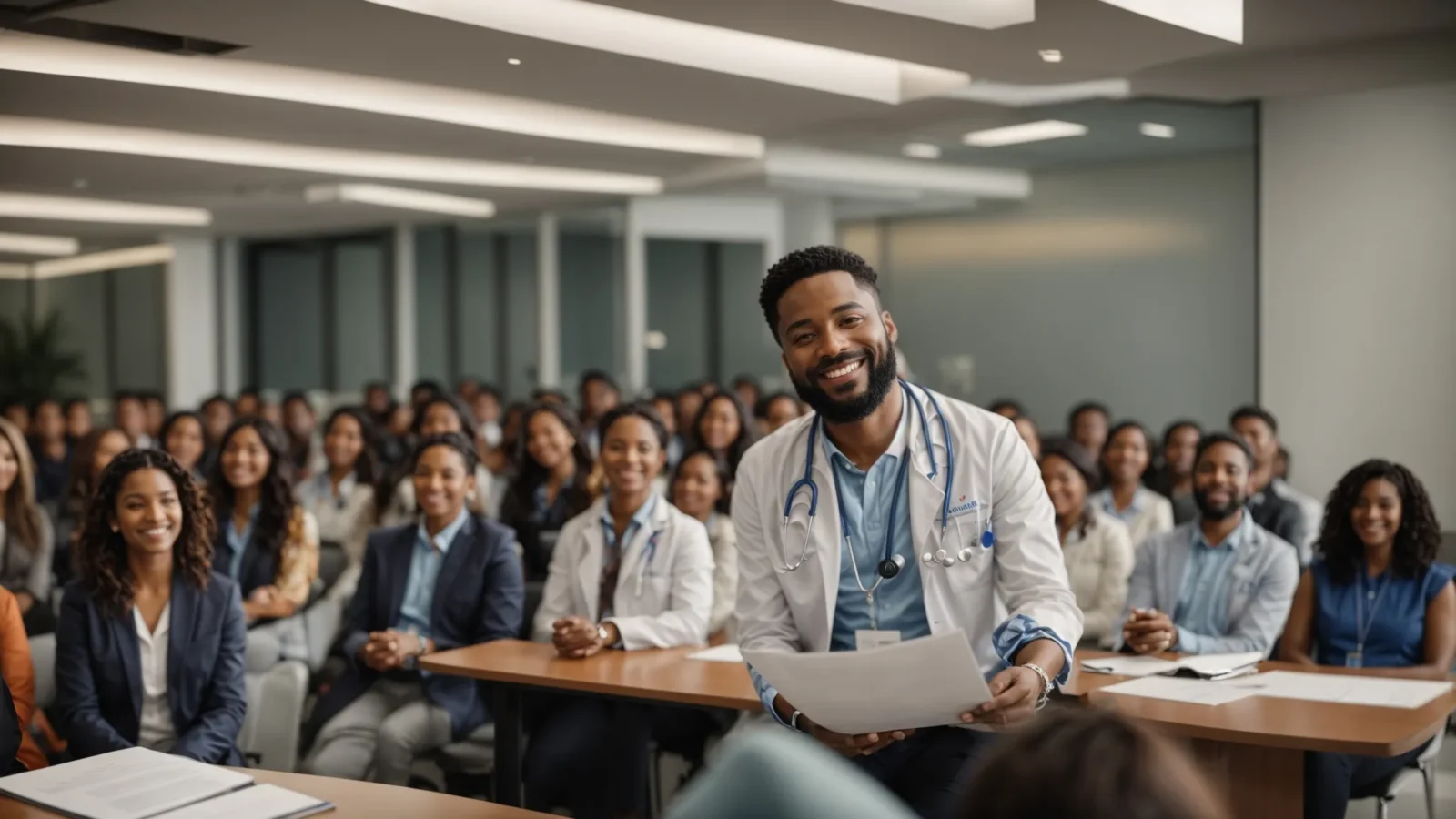 a doctor smiling confidently while presenting a wellness seminar to a diverse audience in a bright, modern conference room.