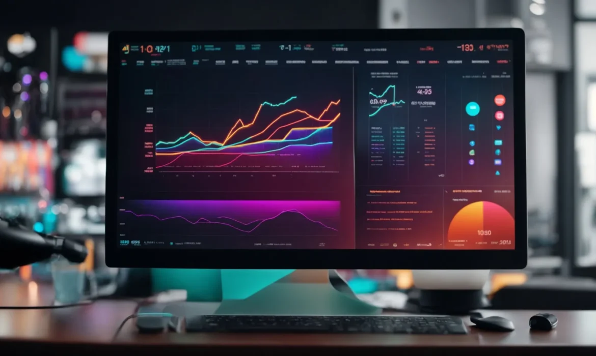 a computer screen displays colorful graphs and icons representing ai-driven marketing insights.