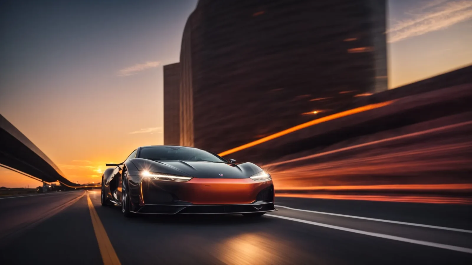a sleek car speeding down a highway with a sunset in the background.