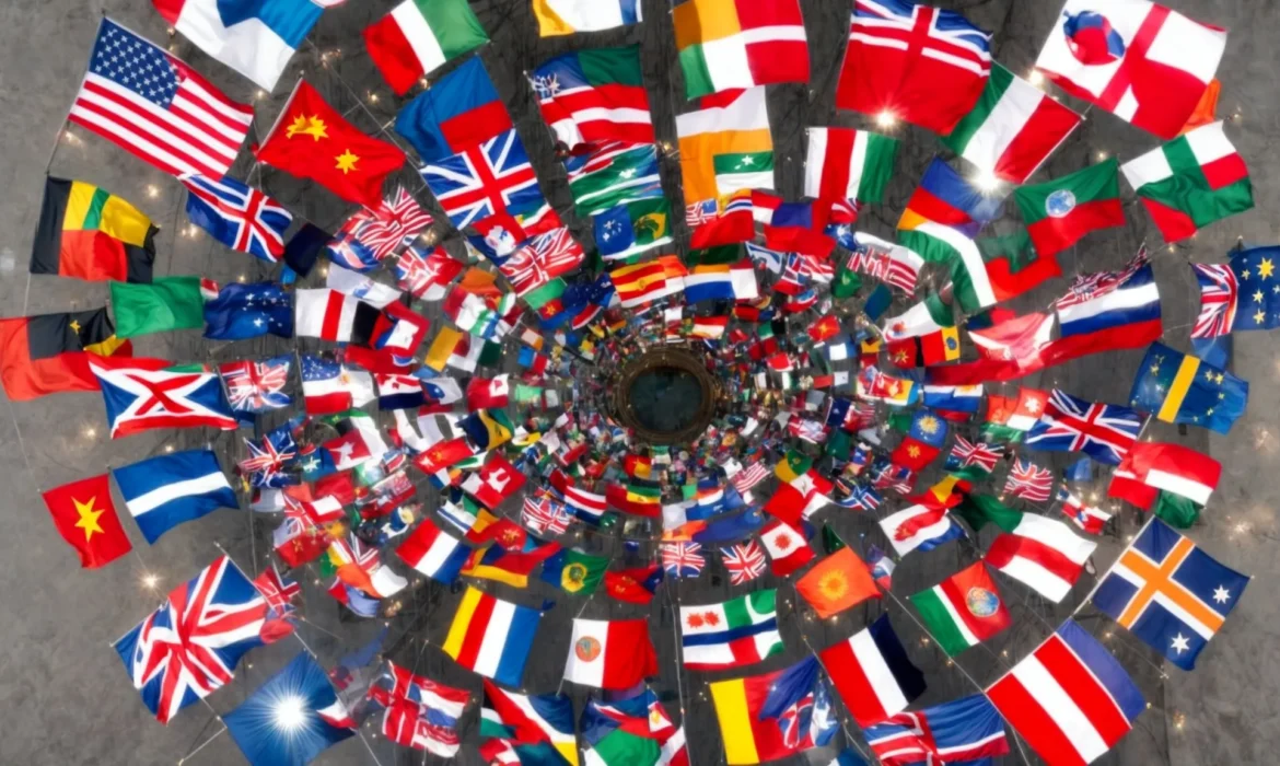 a globe surrounded by various flags representing countries from around the world.