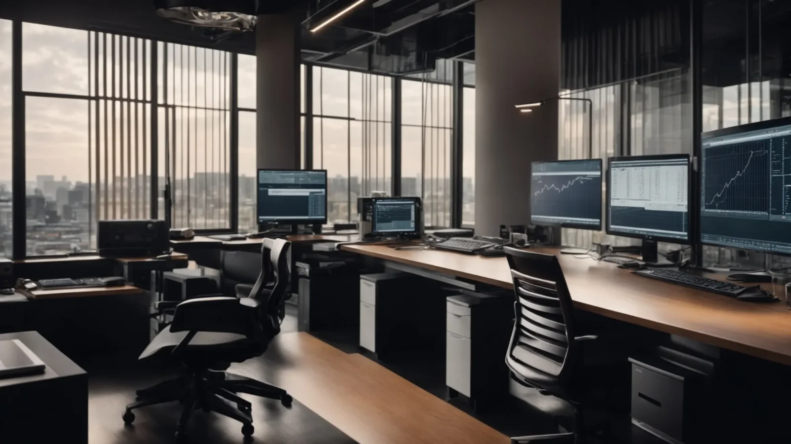 a sleek, modern office space filled with computers displaying graphs and analytics software.