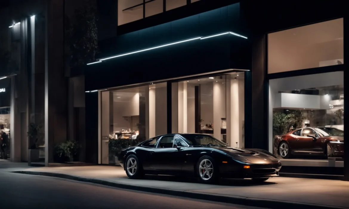 a sleek black sports car parked in front of a modern, illuminated storefront at night, showcasing the latest fashion collection inside.