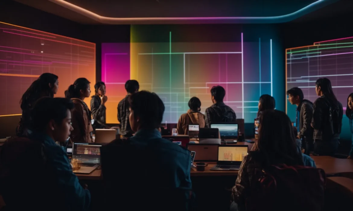 a camera focuses on a group of people gathered around a computer, discussing a colorful graph projected on the screen.