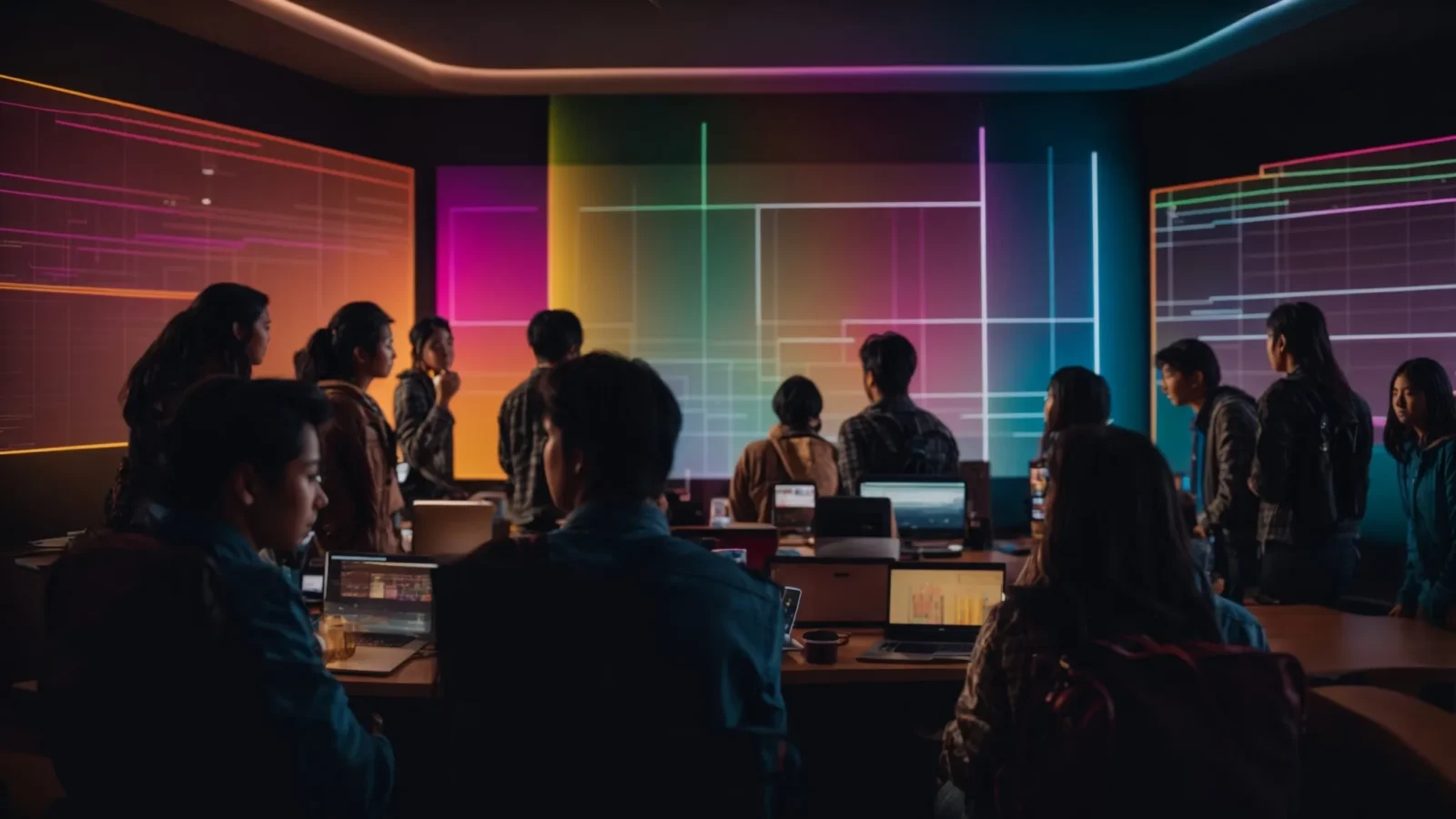 a camera focuses on a group of people gathered around a computer, discussing a colorful graph projected on the screen.