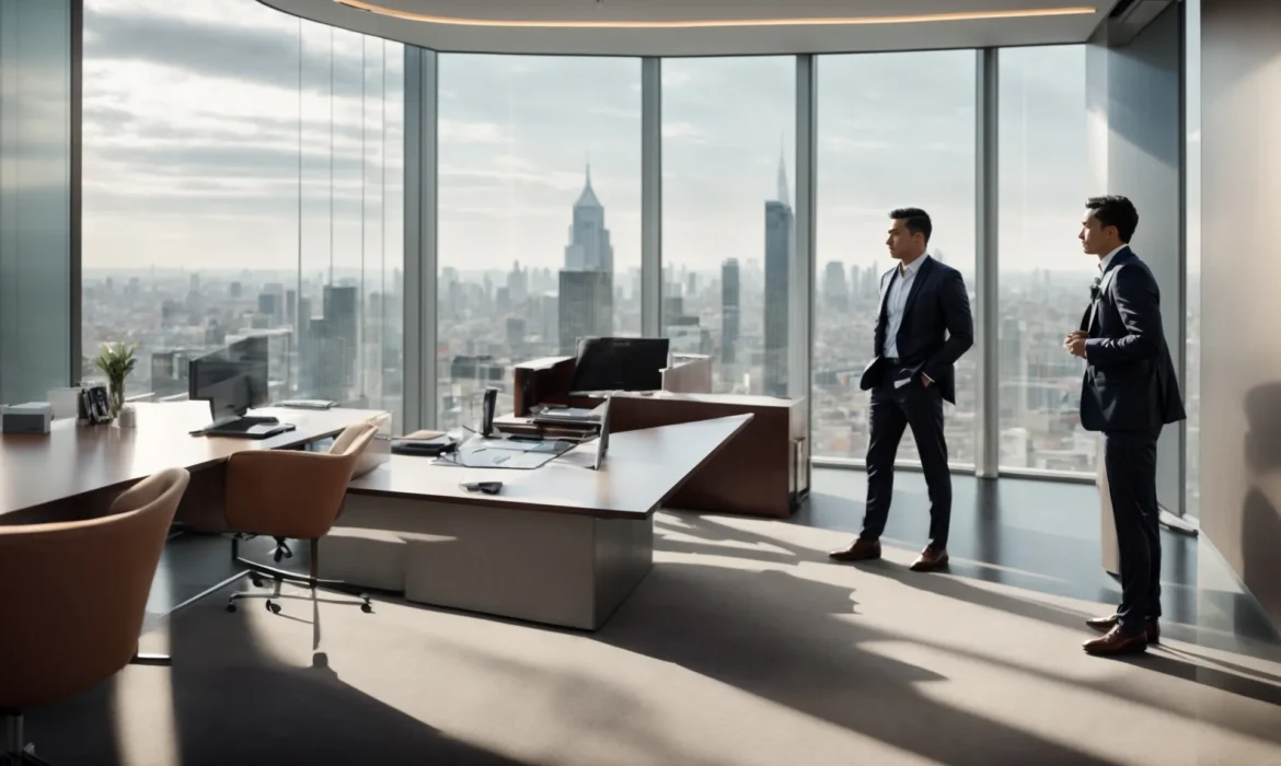 a sleek modern office with a large glass window overlooking the city skyline, where a professional is discussing with a client.