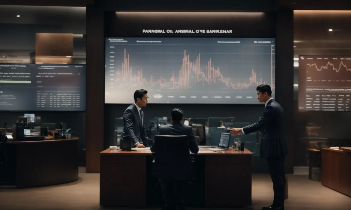 a person shakes hands with a banker across a desk, both surrounded by digital screens showcasing financial graphs and banking applications.