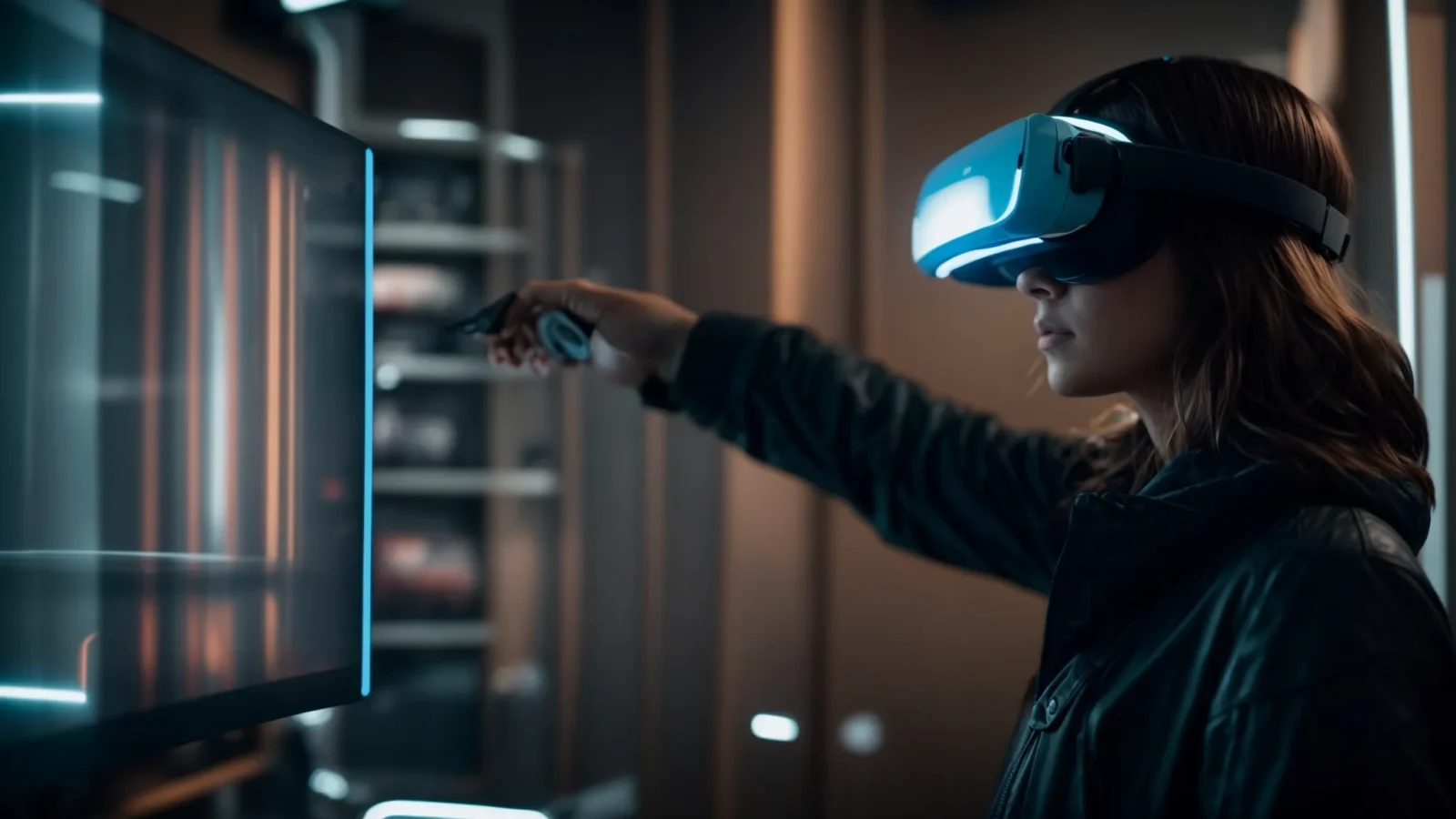 a person wearing a virtual reality headset reaches towards an illuminated digital product display.