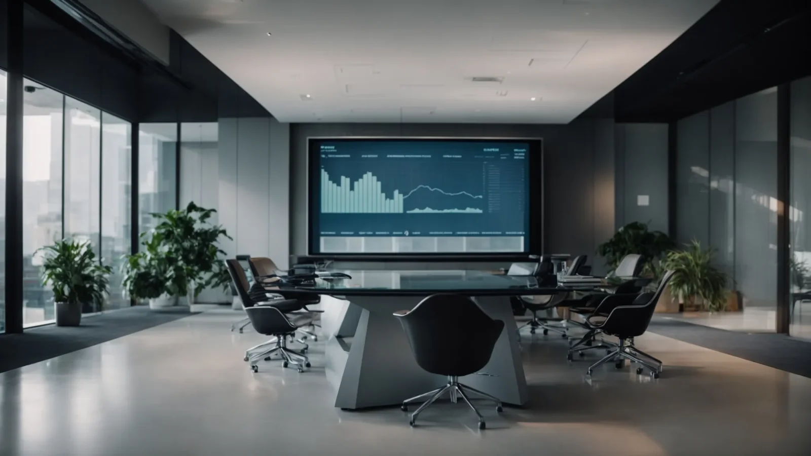 a sleek, modern conference room where a team of professionals are gathered around a glass table, deep in discussion over financial charts projected on the screen.