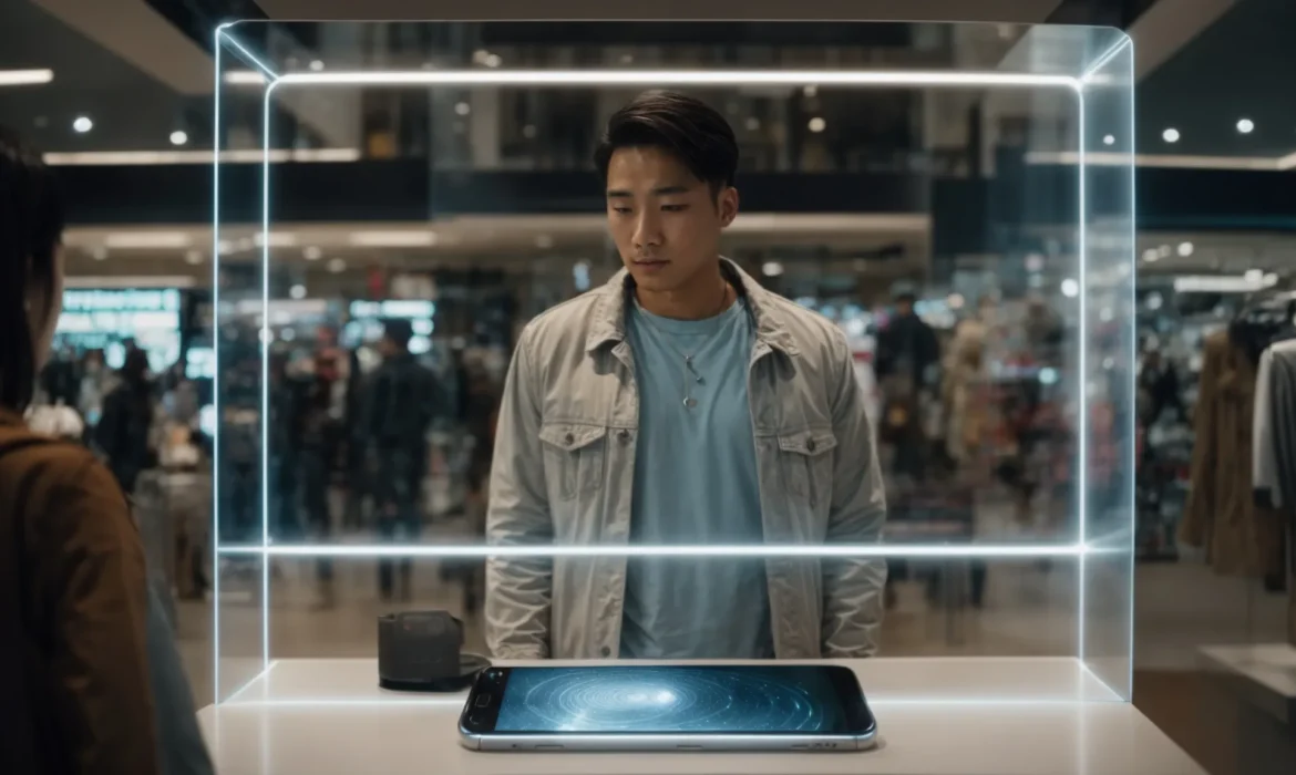a person gazes in awe at a dynamic 3d product hologram projected above their smartphone in a bustling shopping center.
