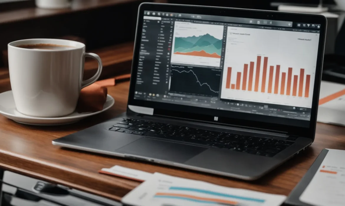 a laptop with open charts and graphs sits on a desk beside a cup of coffee, symbolizing analytical work.