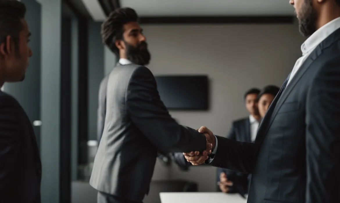 a person in a formal suit shakes hands with their new employer at a job interview.