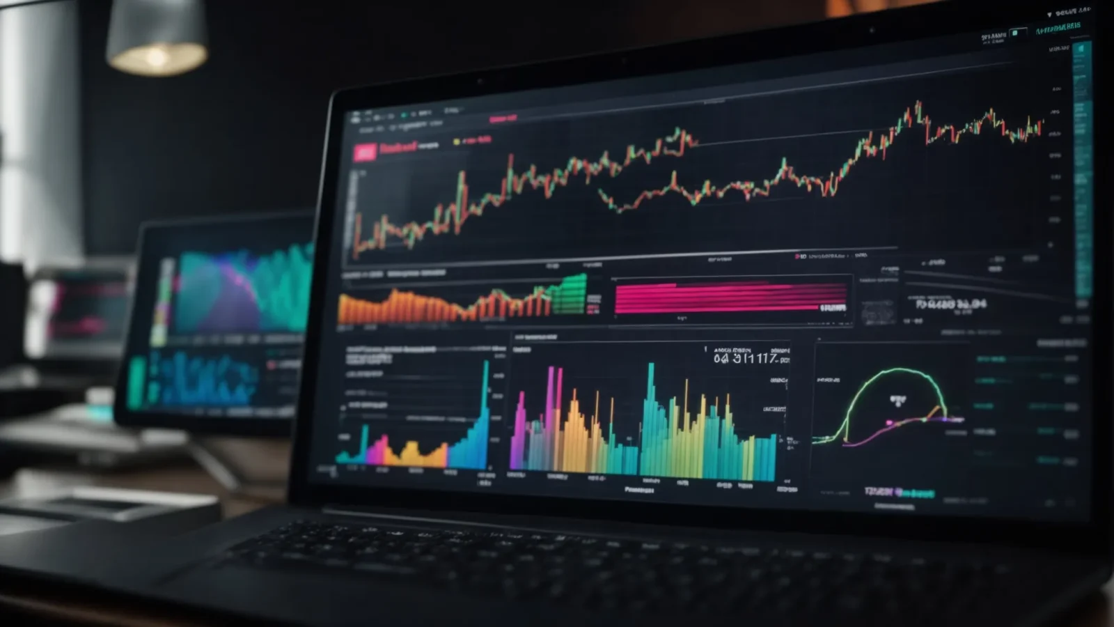 a close-up view of a computer screen displaying colorful graphs and charts analyzing website performance.