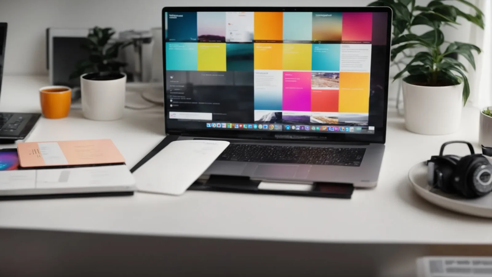 a laptop displaying a colorful, organized website layout sits on a sleek, modern desk.