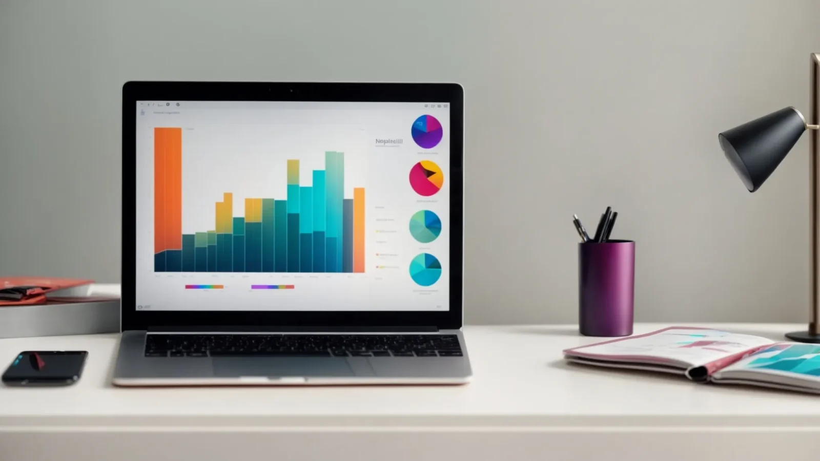 a laptop displaying colorful graphs and charts on the screen while sitting on a minimalist desk.