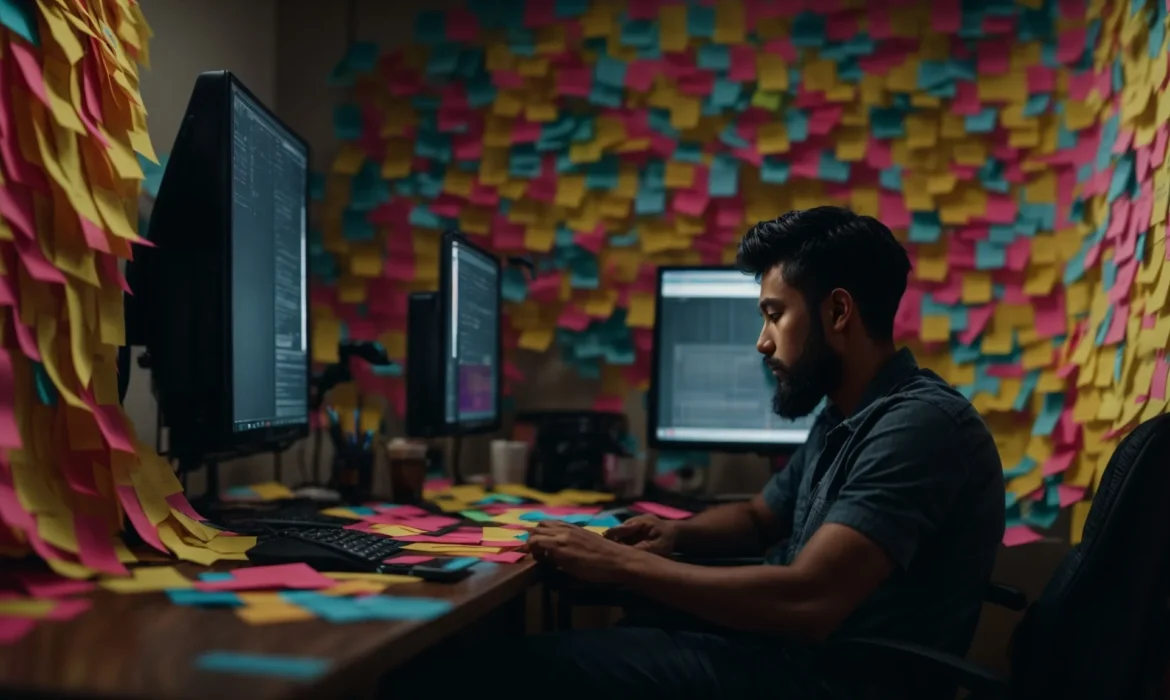 a person sits in front of a computer with multiple colorful sticky notes around the monitor, deep in thought.