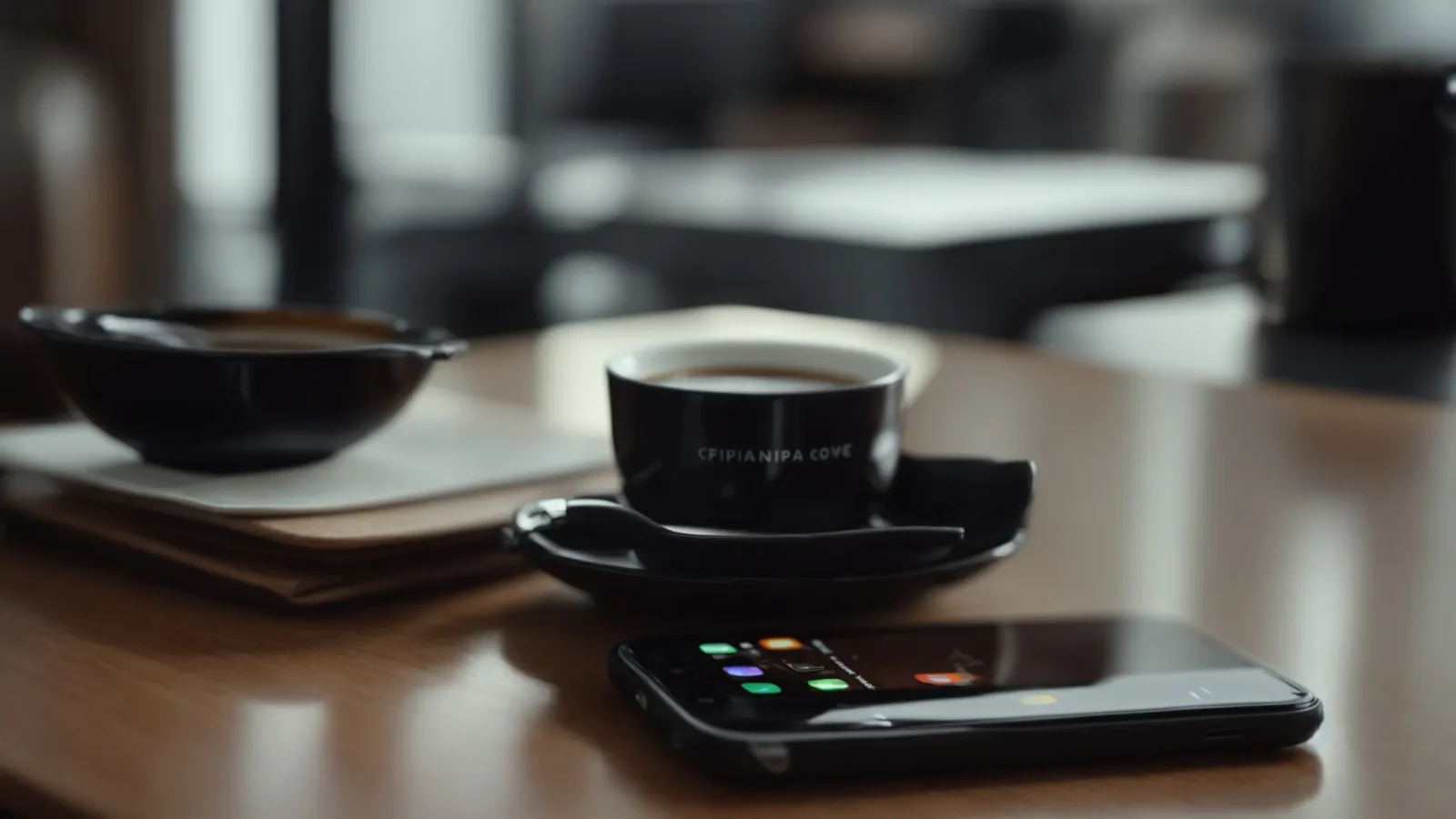a close-up of a smartphone laying on a desk next to a cup of coffee, displaying a search engine on its screen.