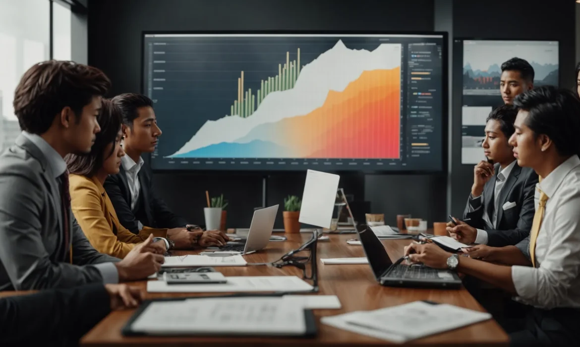 a large screen displaying colorful graphs and charts while a team intently discusses strategies in a modern office.