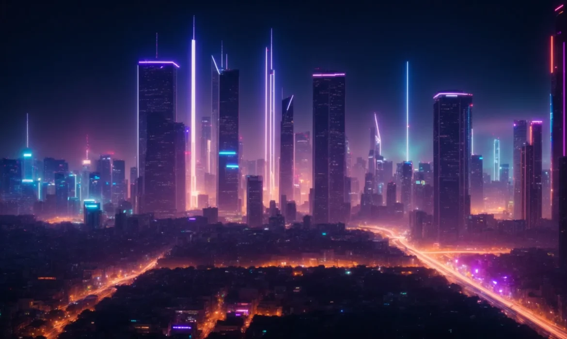 a sleek, futuristic city skyline illuminated by neon lights under a starry sky, symbolizing innovation and advanced technology.