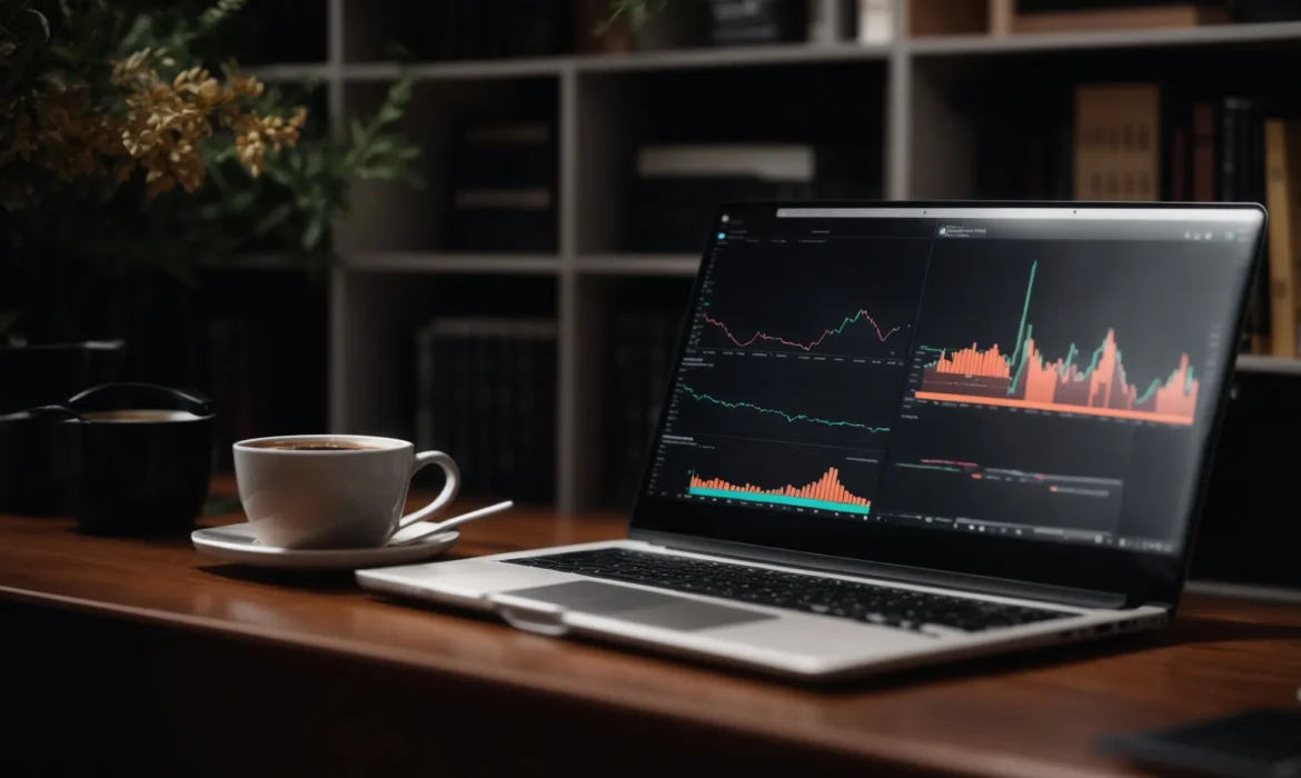 a laptop with analytics graphs on the screen placed on a desk surrounded by marketing books and a cup of coffee.
