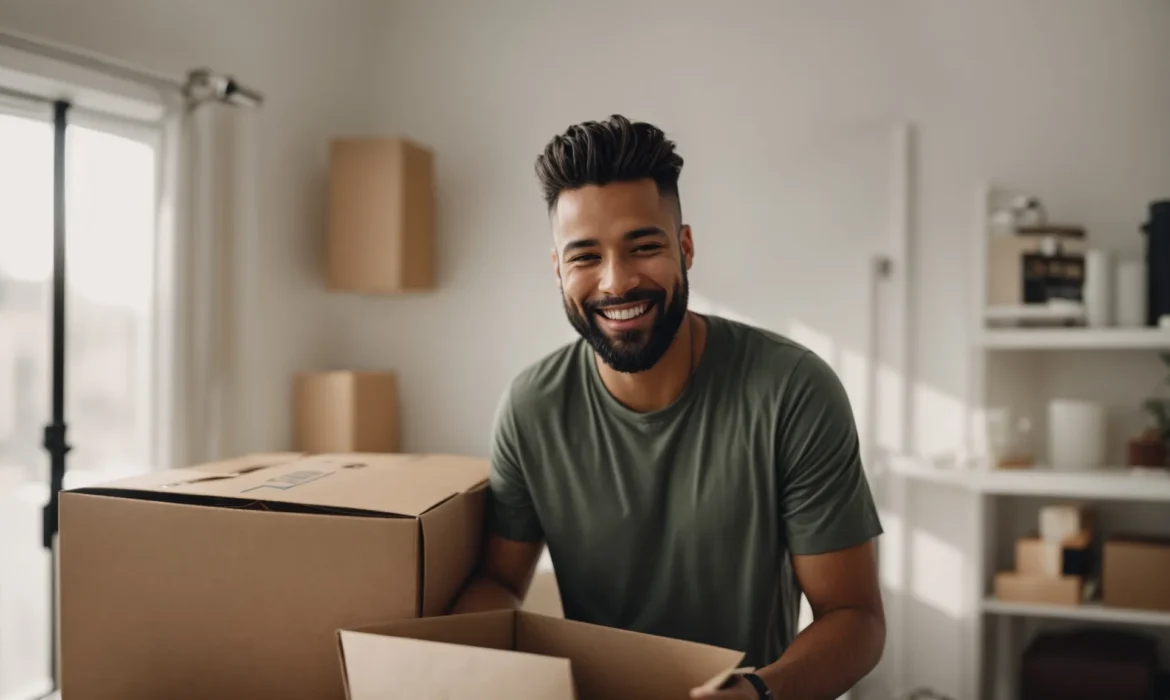 an influencer smiling at the camera while unboxing a product in a well-lit room.