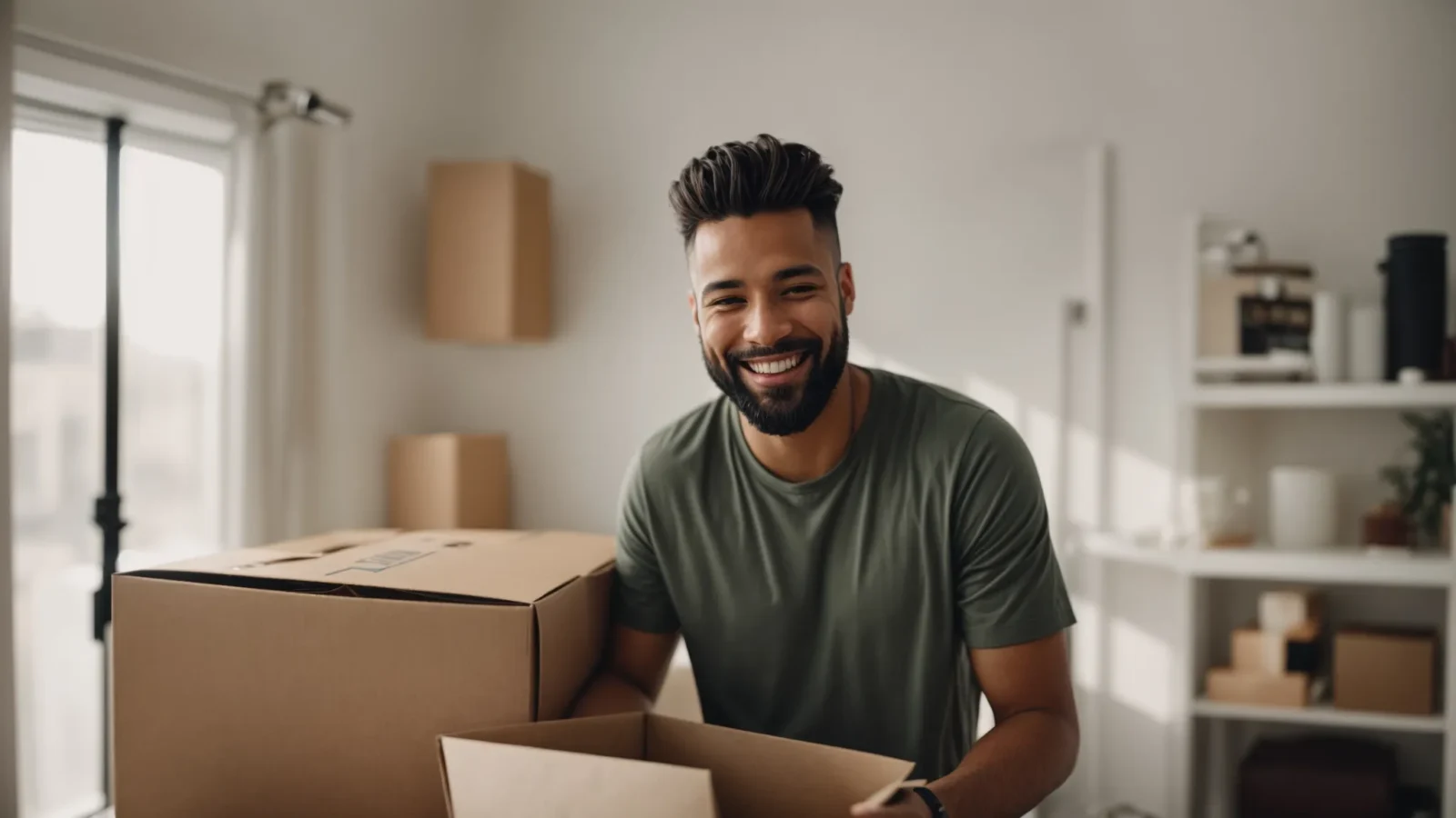 an influencer smiling at the camera while unboxing a product in a well-lit room.
