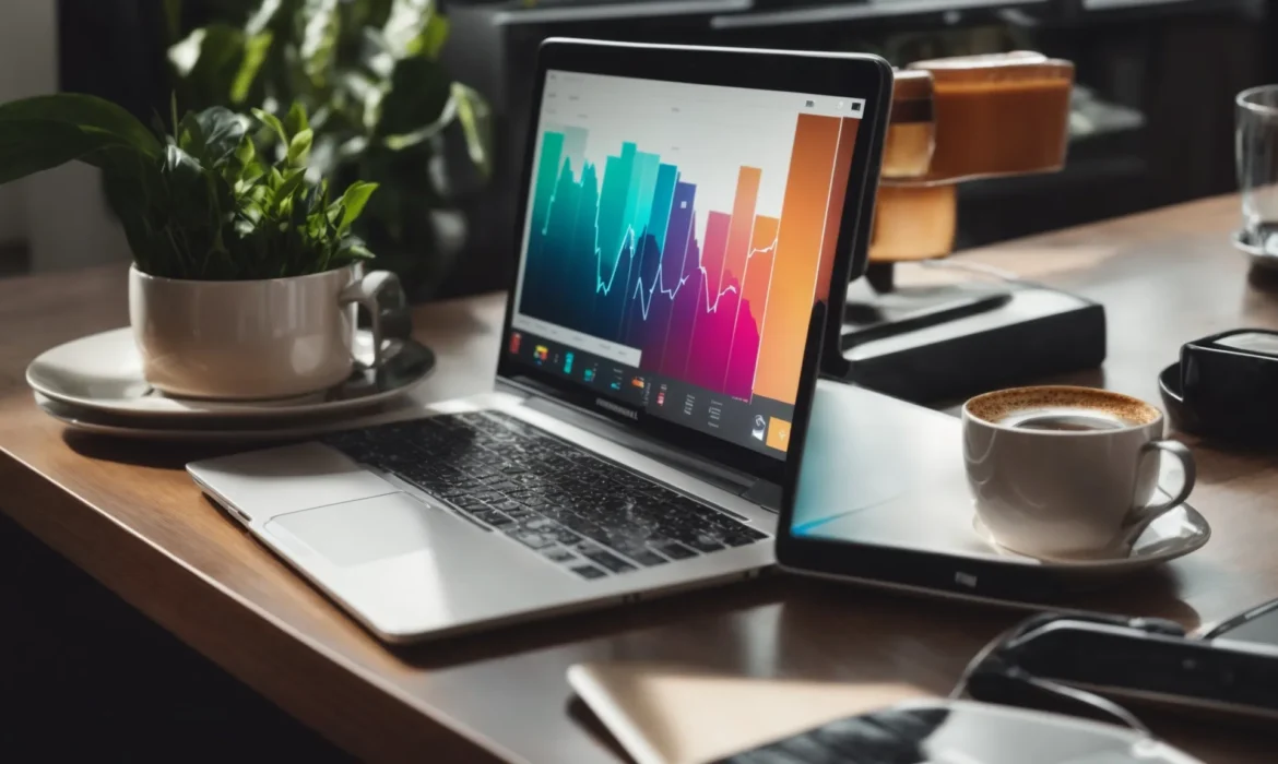 a laptop displaying colorful graphs and shopping icons sits on a sleek, modern desk with a cup of coffee beside it, symbolizing ecommerce marketing strategies in action.