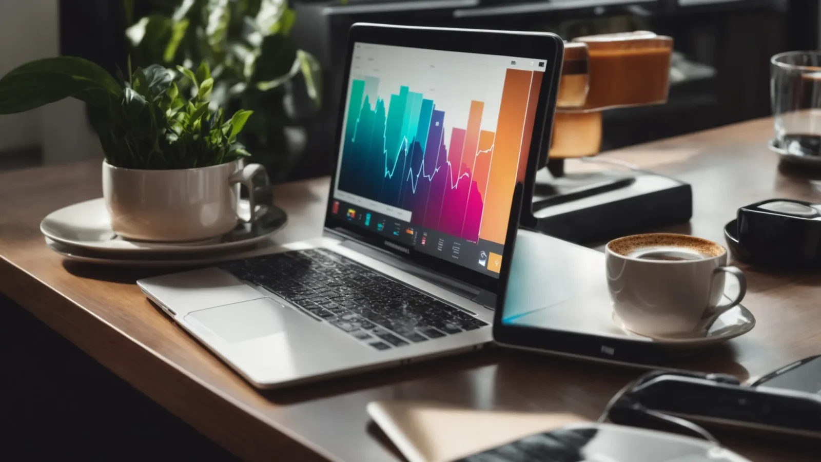 a laptop displaying colorful graphs and shopping icons sits on a sleek, modern desk with a cup of coffee beside it, symbolizing ecommerce marketing strategies in action.