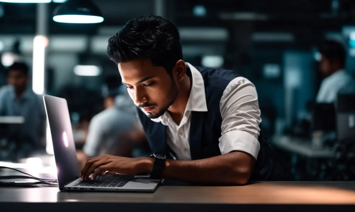 a young bangladeshi entrepreneur is intently looking at a glowing laptop screen in a bright, modern workspace.