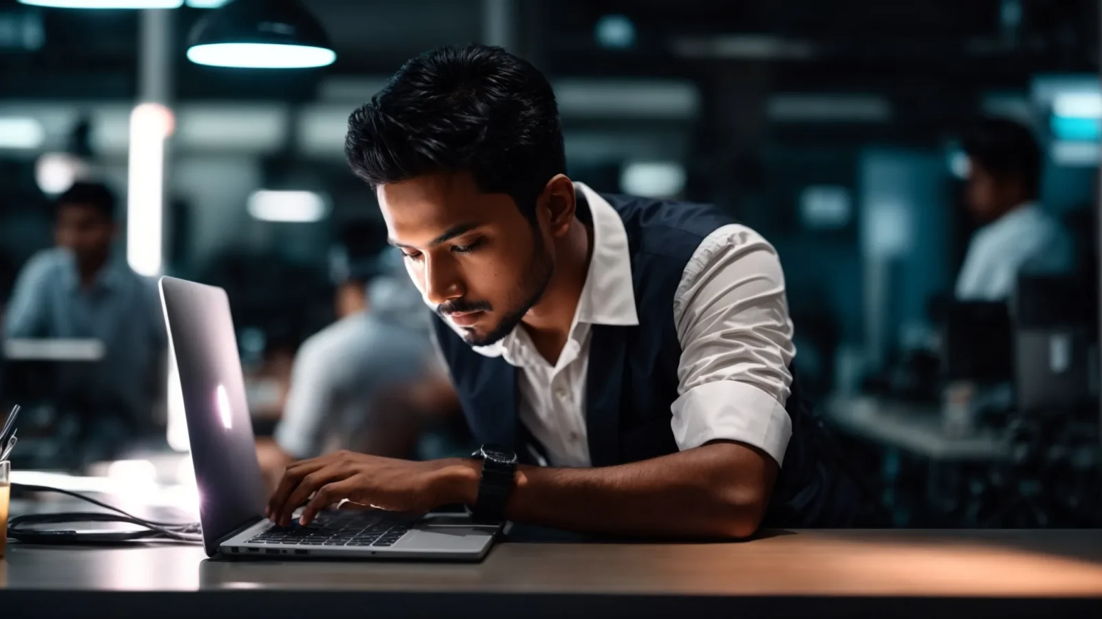 a young bangladeshi entrepreneur is intently looking at a glowing laptop screen in a bright, modern workspace.