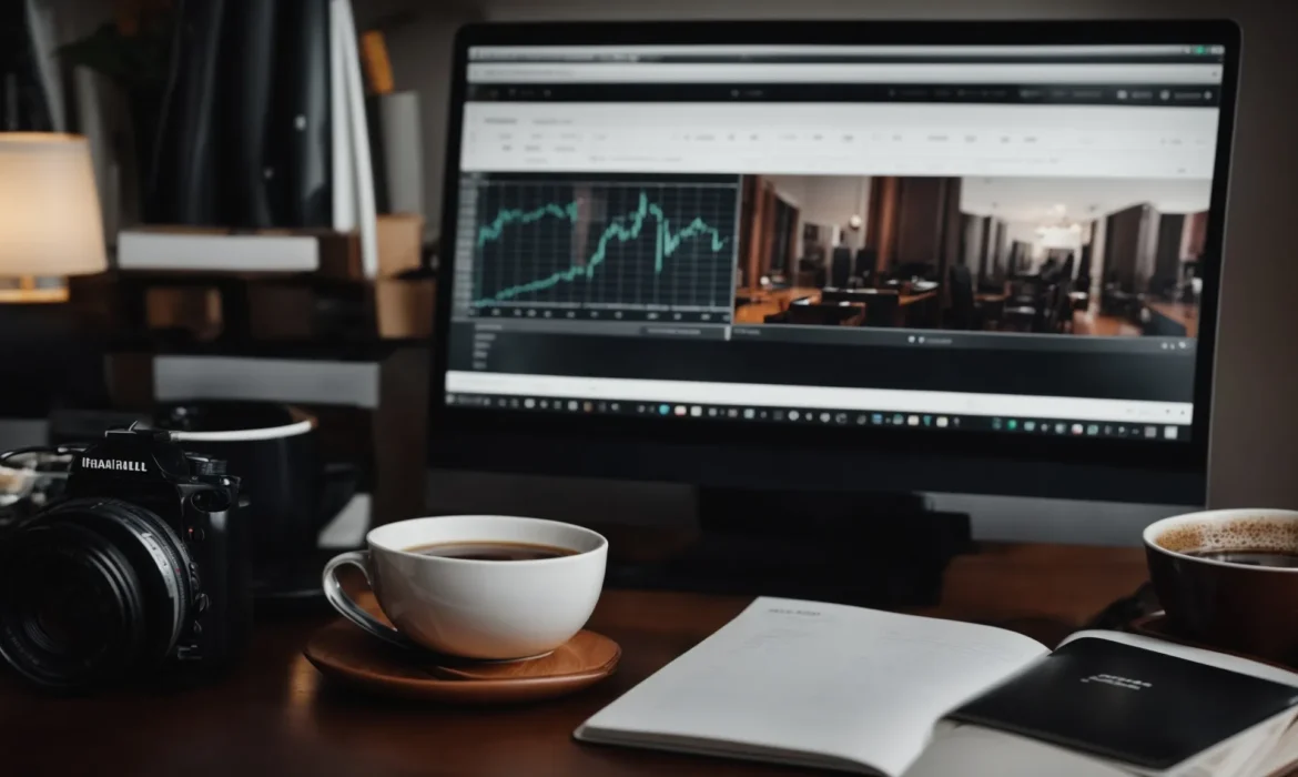 a laptop with a graph chart on the screen sits on a desk surrounded by marketing books and a cup of coffee.