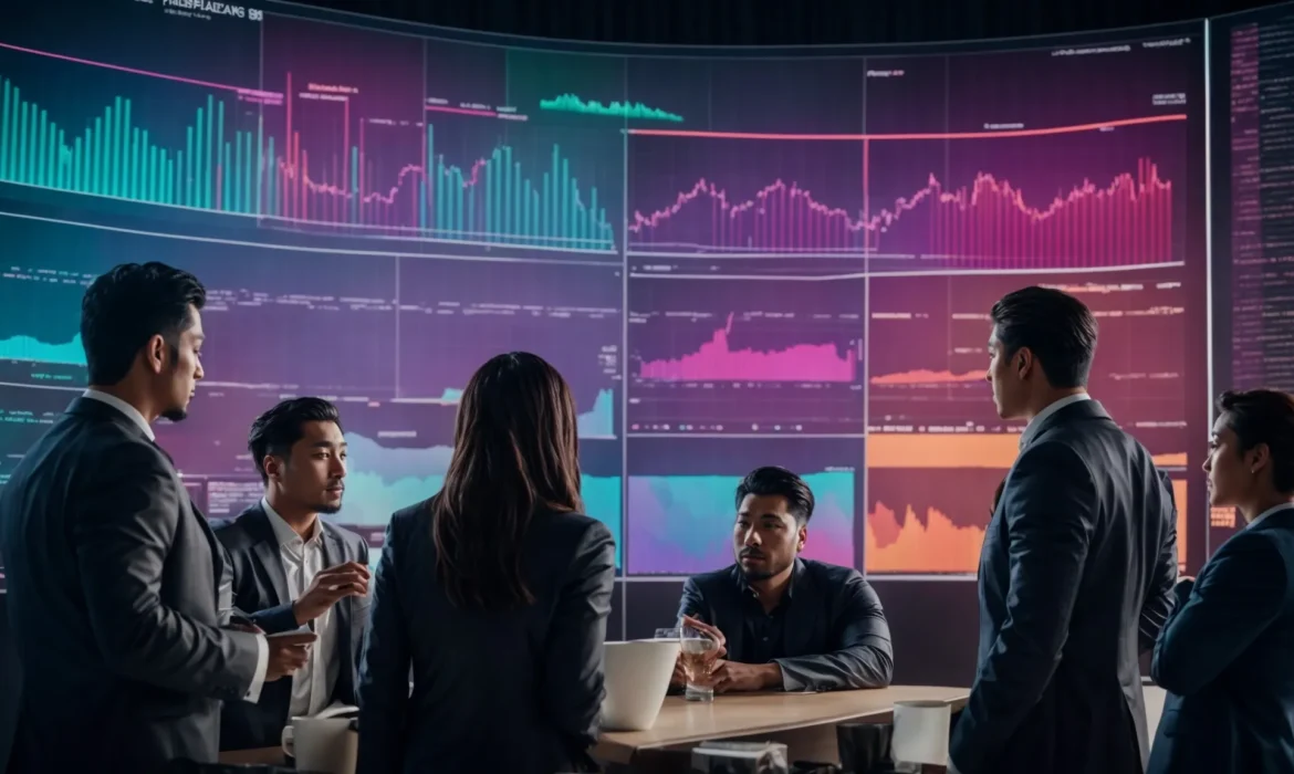 a group of professionals gathers around a large digital screen, displaying colorful graphs and digital currencies, brainstorming marketing strategies.