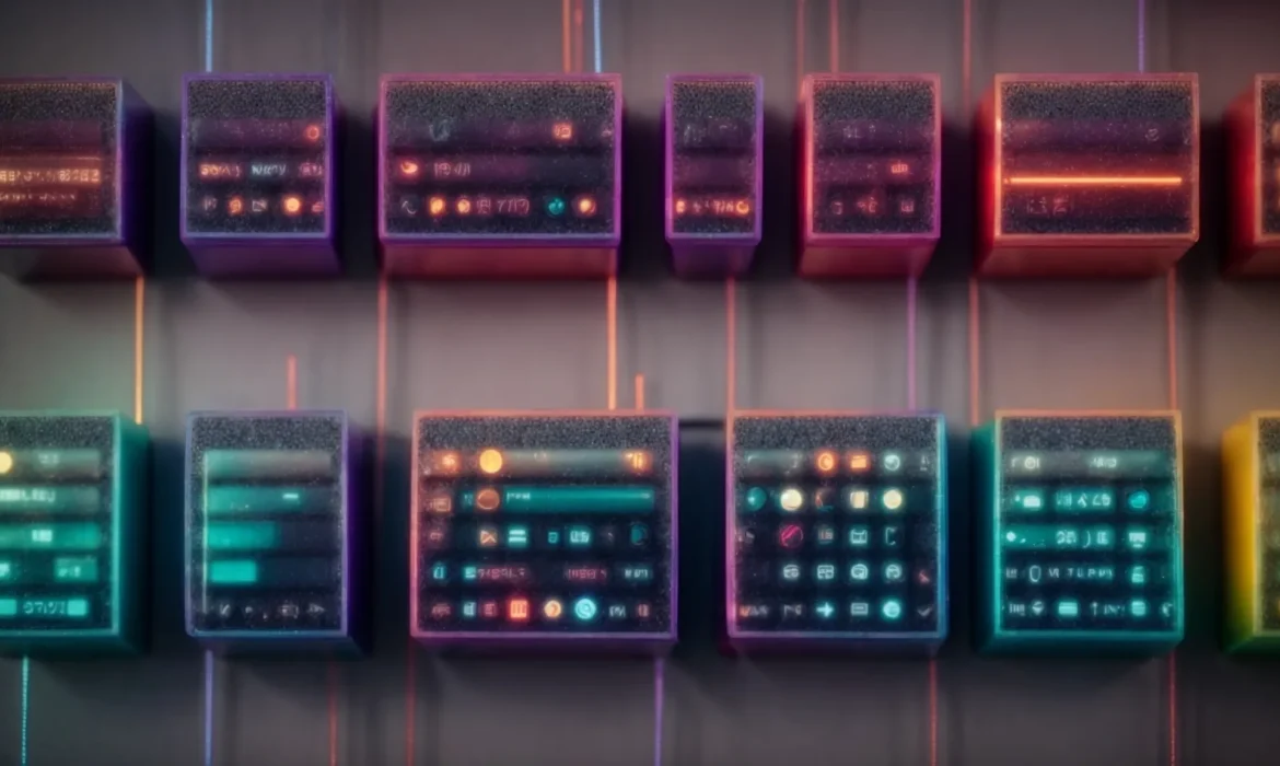 rows of colorful gear icons interconnected with dotted lines on a digital screen, symbolizing an automated marketing system.
