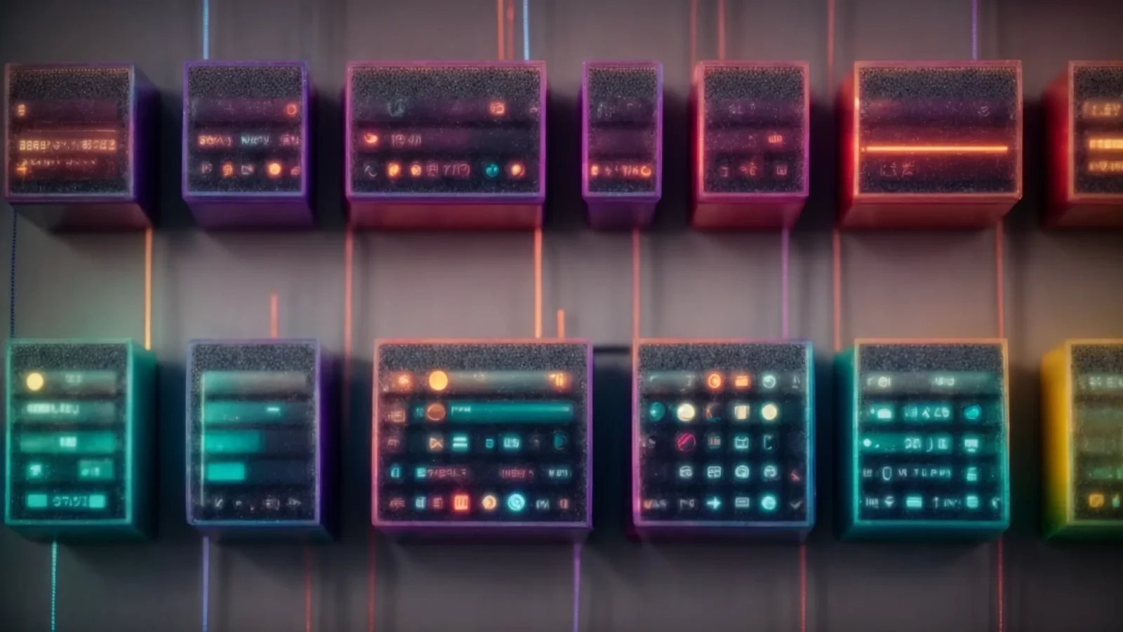 rows of colorful gear icons interconnected with dotted lines on a digital screen, symbolizing an automated marketing system.