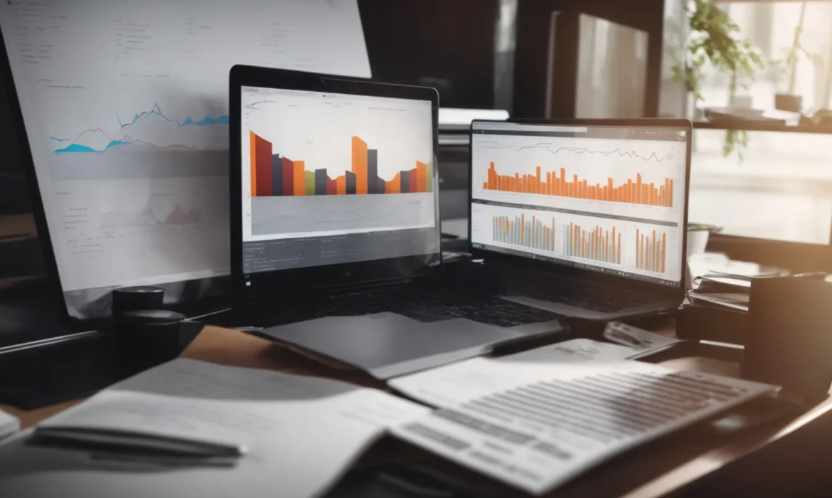 a laptop with various analytical graphs on the screen, placed on a desk surrounded by seo strategy documents.