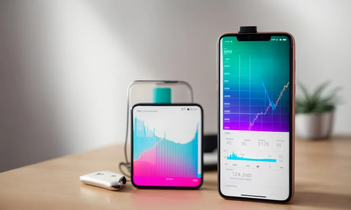a smartphone displays colorful graphs and charts next to a megaphone on a smooth, light surface.