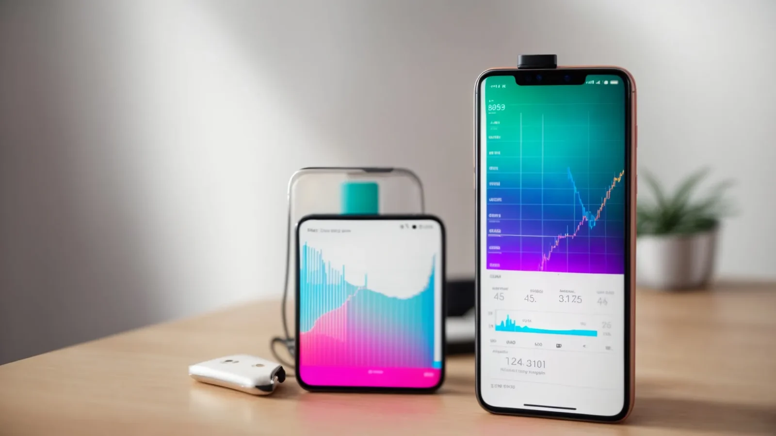 a smartphone displays colorful graphs and charts next to a megaphone on a smooth, light surface.